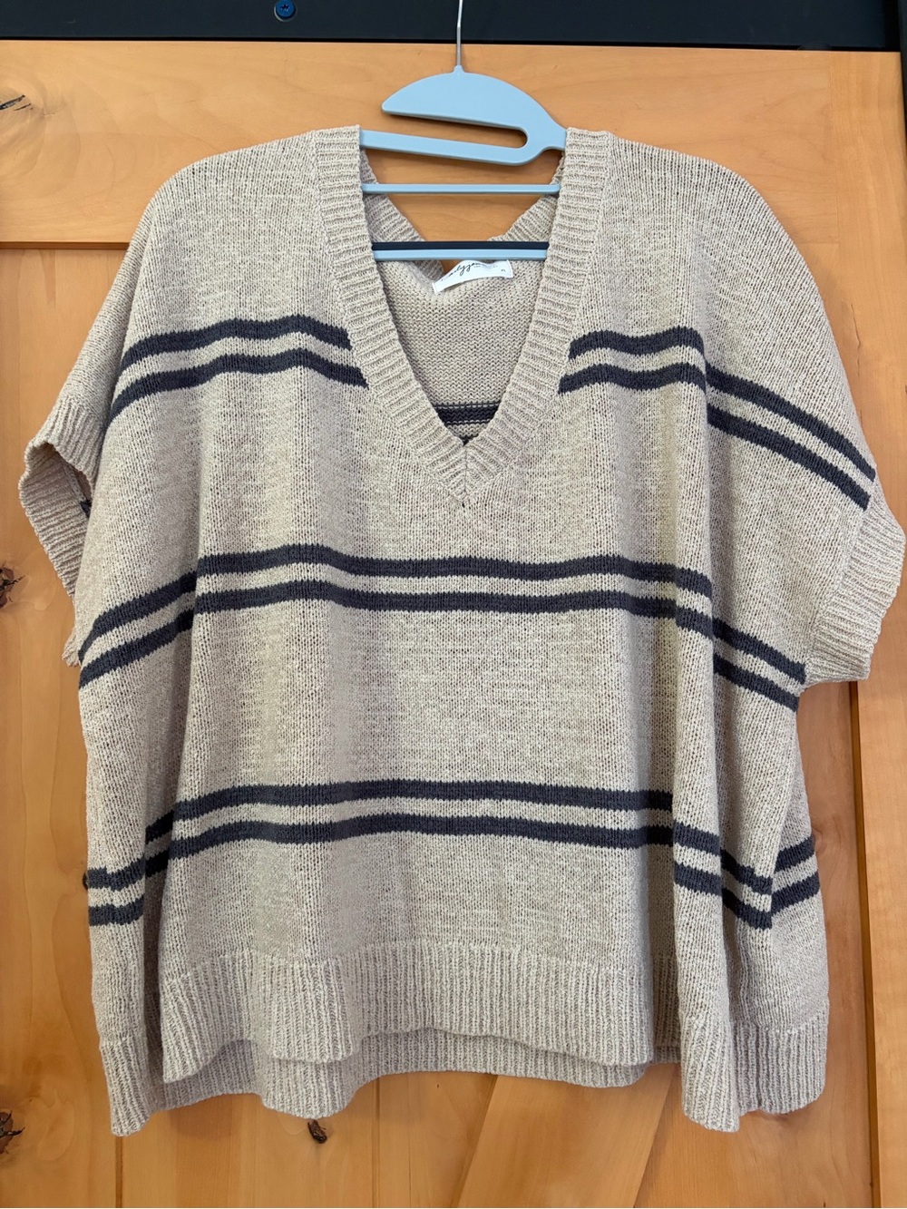 Carly Jean Los Angeles Beige V-Neck Sweater with Black Stripes